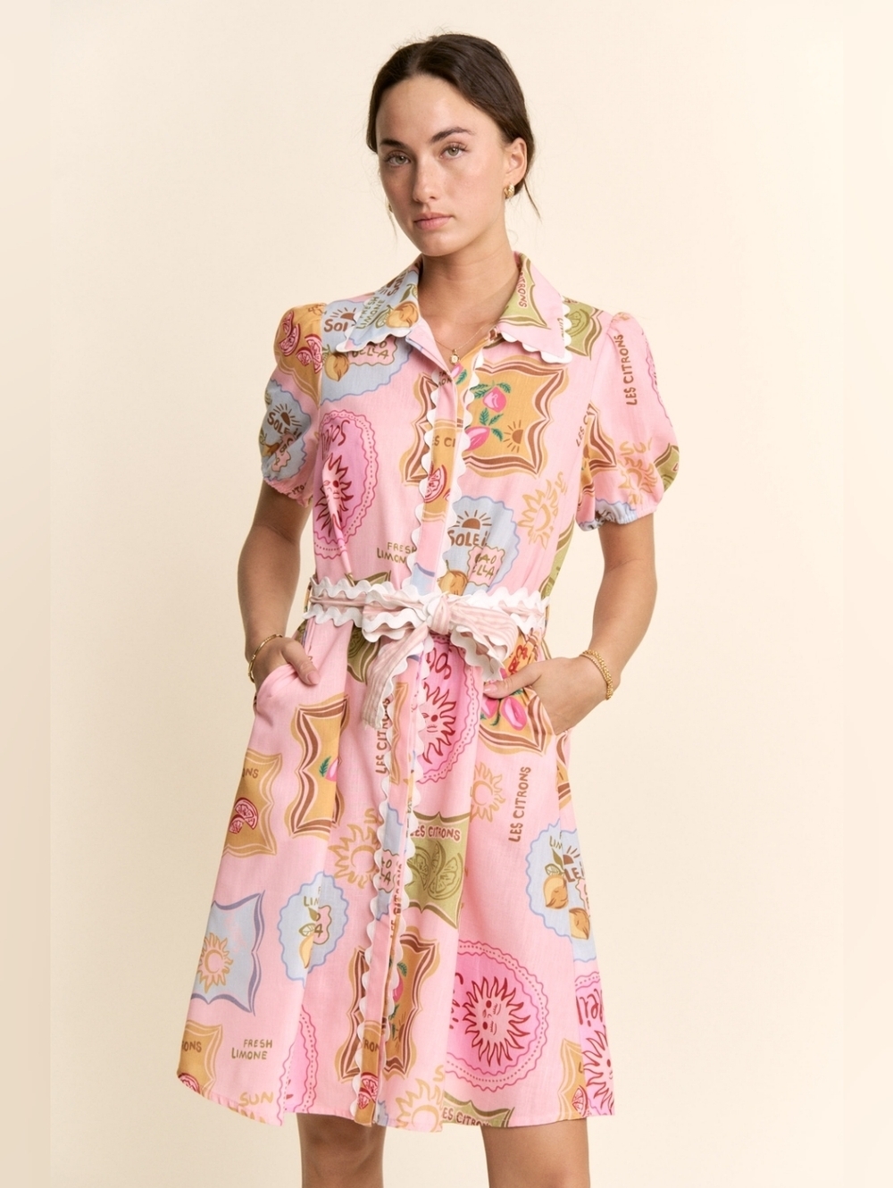 ​Davi & Dani Ciao Bella Postcard Print Mini Dress Rick Rack Trim Cotton Lined